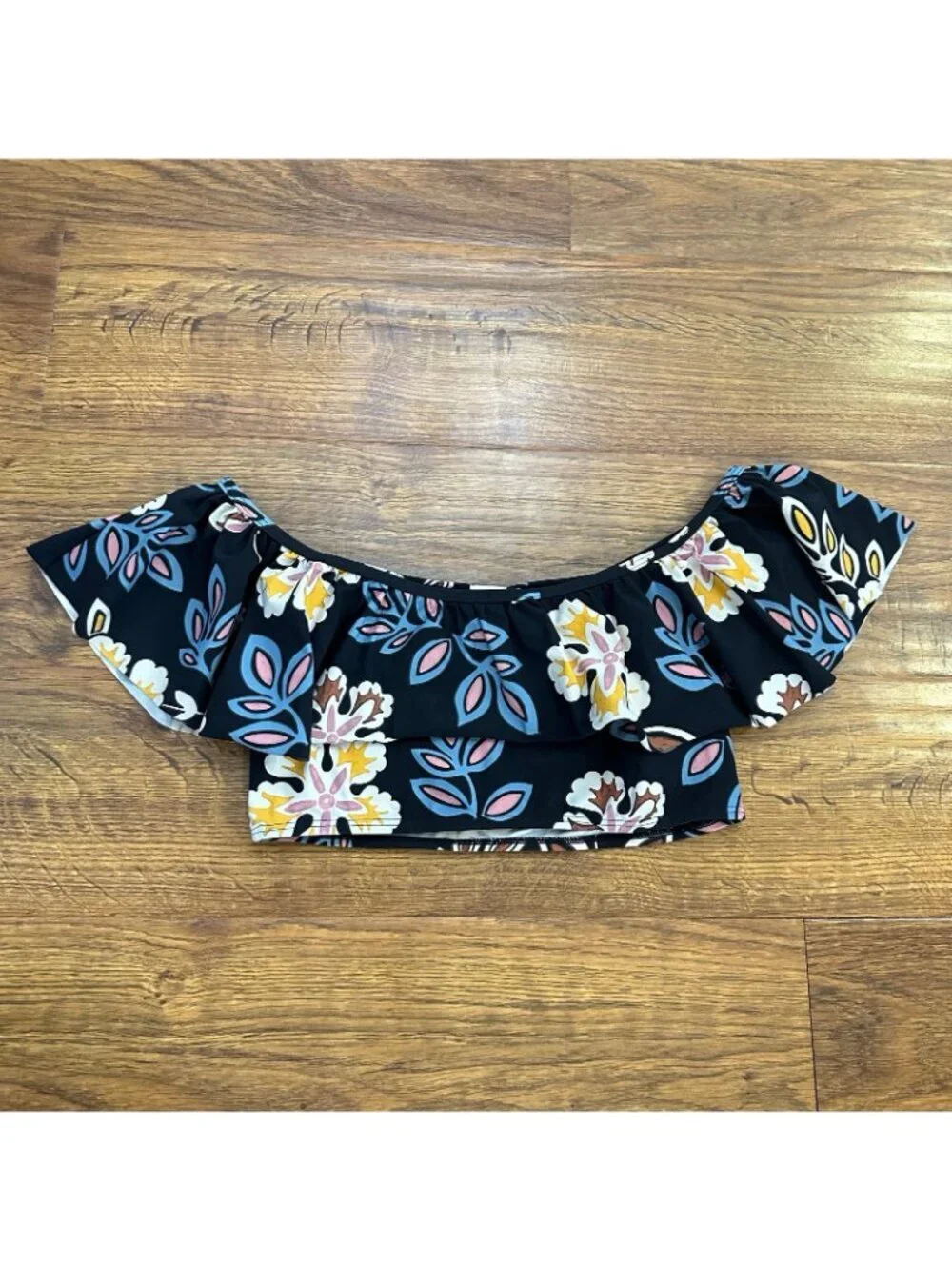 Tory Burch Hopewell Floral Off Shoulder Bandeau Top in black with multi flowers